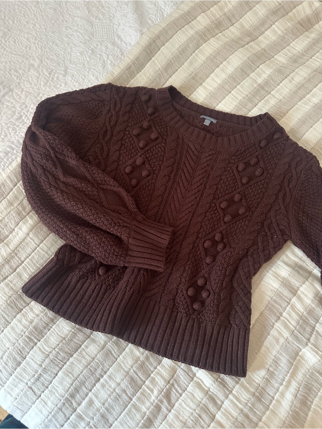 Charlotte Russe Chocolate Brown Cable Knit Pom-Pom Crewneck Sweater